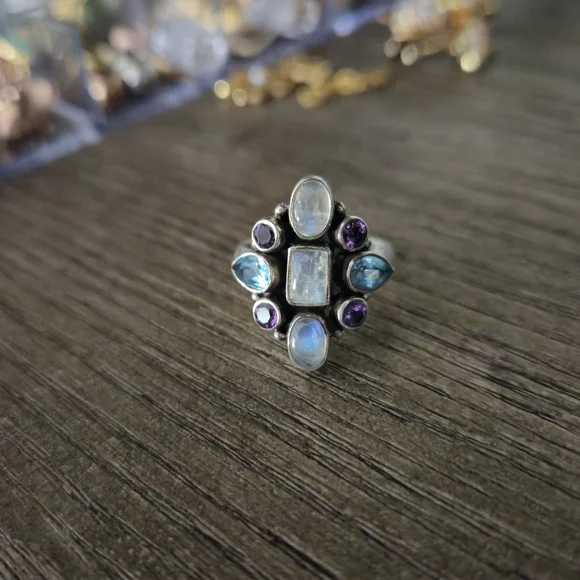Nicky Butler 925 Sterling Silver Moonstone Blue Topaz Amethyst Ring Sz 7 Vintage - Picture 9 of 16